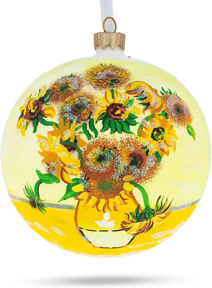 1887 'Sunflowers' by Vincent Van Gogh Blown Glass Ball Christmas Ornament 4 Inches