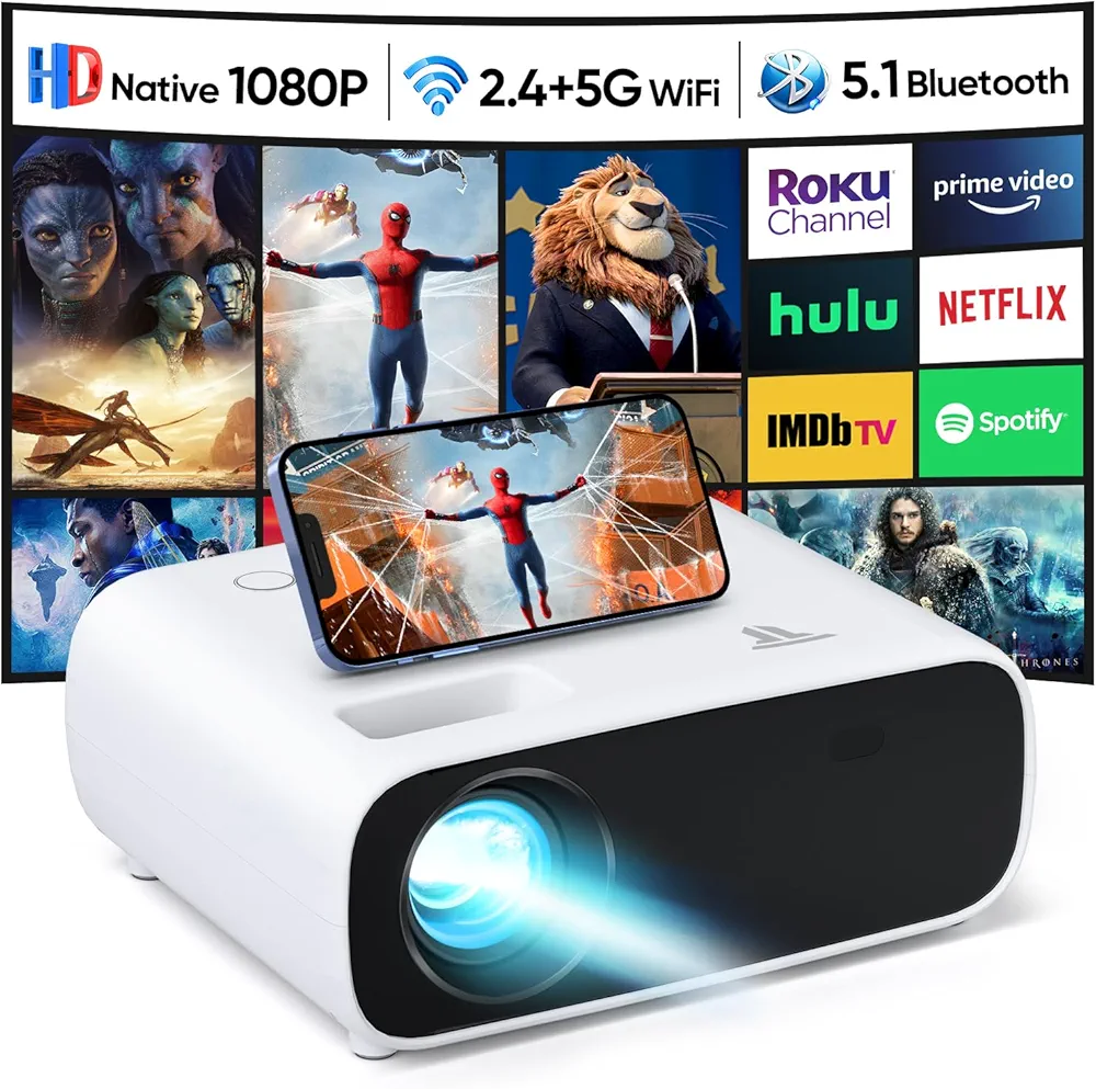 Projector with WiFi and Bluetooth, 18000 Lumen Native 1080P Projector,Portable Outdoor Projector, Movie Mini Projector Compatible with iOS/Android/HDMI/ TV Stick