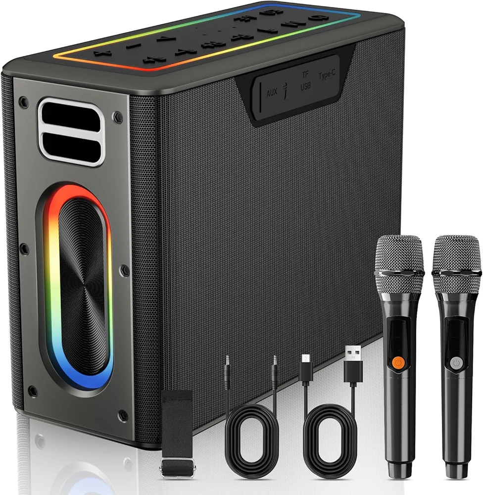 Karaoke Machine with Two Wireless Microphones, Powerful Portable Bluetooth Speaker for Adults & Kids, PA System with 3 Voice Mode, LED Lights, Supports BT/TWS/AUX/USB/TF for Party