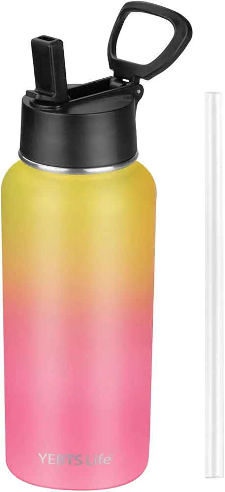 Insulated Water Bottle With Straw, 32 oz Vacuum Insulated Stainless Steel Sports Water Flask, Keeps Cold and Hot, Metal Water Bottle Wide Mouth for Gym Travel Camping (Yellow&Pink)