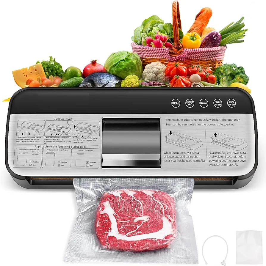 Powerful Vacuum Sealer Machine, One-Touch Automatic Food Sealer with 15 Bags, Dry/Moist/Seal/Manual/External Vac, 7MM Heating wire, Compact Easy-Clean for Food Storage and Sous Vide