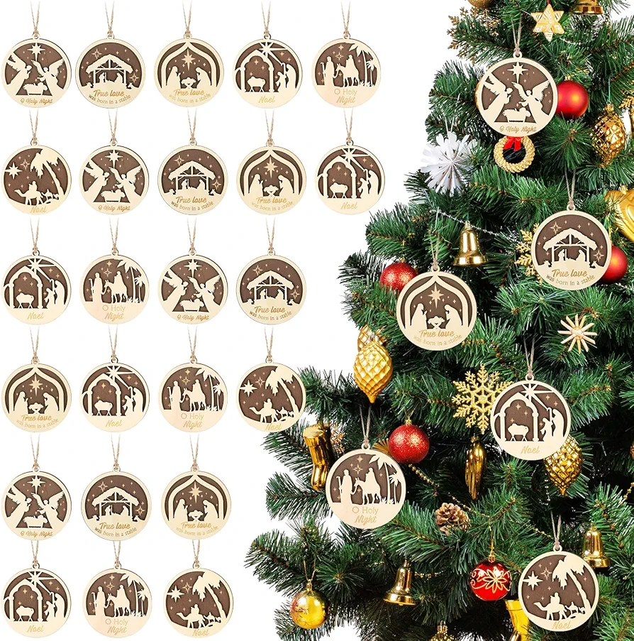 Wenqik 24 Pcs Nativity Scene Ornament, Christmas Wooden Hanging Ornament, Nativity Xmas Tree Ornaments, The Birth of Jesus Decoration Keepsake Religious Gifts for Christian Friends Family