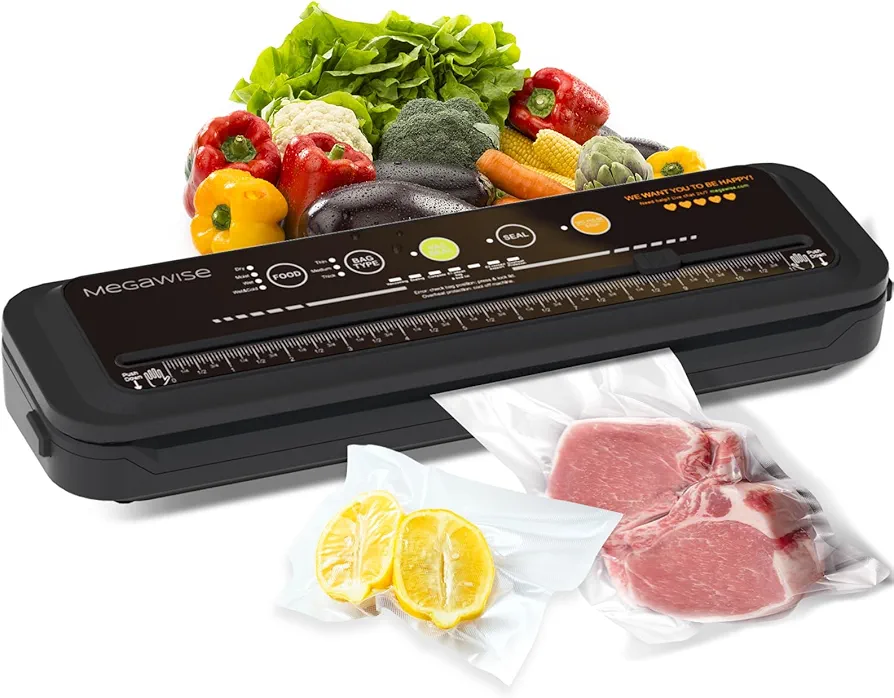 2023 Model B Megawise Powerful & Compact Vacuum Sealer Machine One-Touch Automatic Food Sealer 4 Food Types (Cold Wet Moist Dry) & 3 Bag types (Thick Medium Thin）OMNI MACHINE (Black)