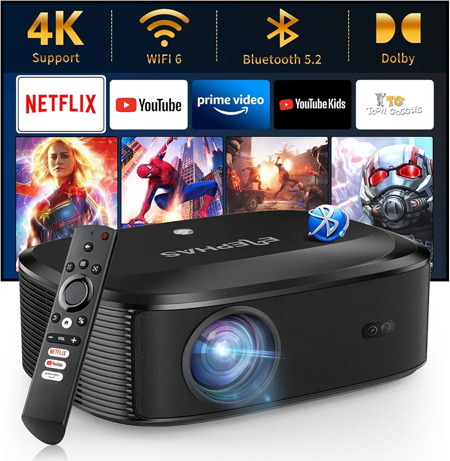 4K Projector with Wifi and Bluetooth, ELEPHAS Outdoor Movie Projector with NETFLIX/Prime Video/YouTube Built-in, 100,000+ Apps Supported, Video Projector Compatible with HDMI/USB/iOS/Android/Windows