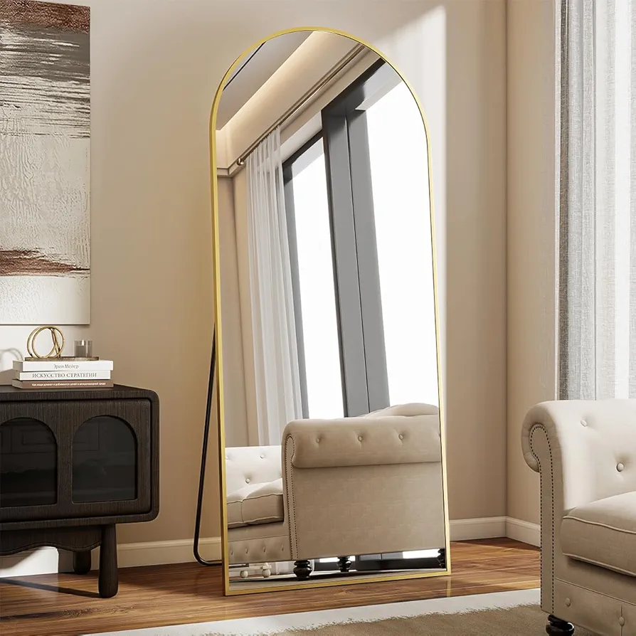 Arch Mirror Full Length, 26" x 71" Floor Mirror with Stand, Aluminum Alloy Frame Full Body Mirror, Standing Hanging or Leaning Against Wall for Bedroom and Living Room, Gold