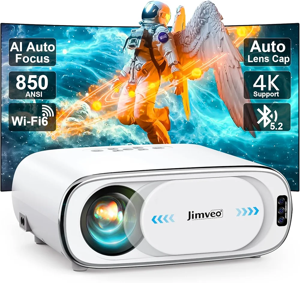 [AI Auto Focus+Auto Lens Cap]Outdoor-Projector 4K with WiFi 6 and Bluetooth:Upgrade 850 ANSI Native 1080P Jimveo Portable Projector, Auto 6D Keystone&Zoom,Home LED Movie Projector for Outdoor/Home Use