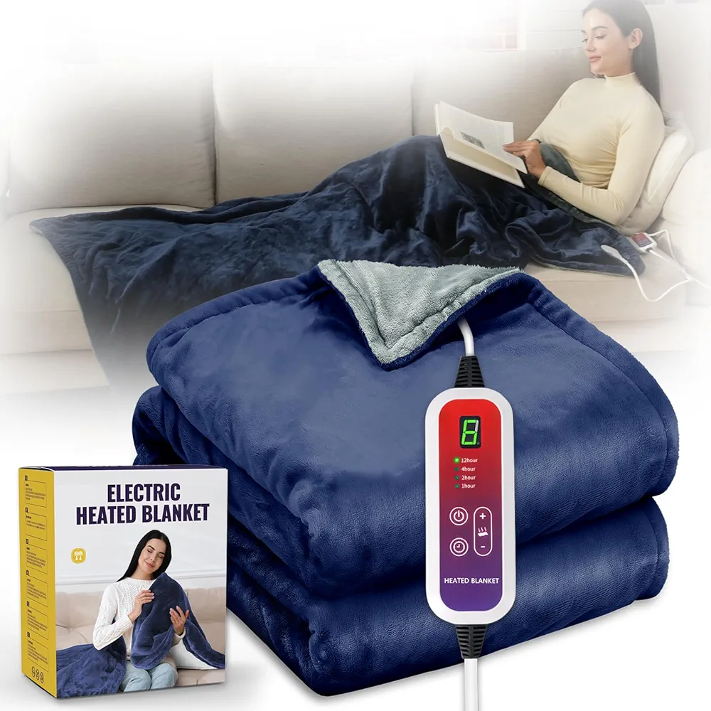 Electric Blanket Throw Soft Heated Blanket Throw, 40x70 inch Small Heated Lap Blanket for Office and Couch, Fast Heating Blanket with Auto Shut-Off, 6 Heating Levels, Washable, Blue and Gray