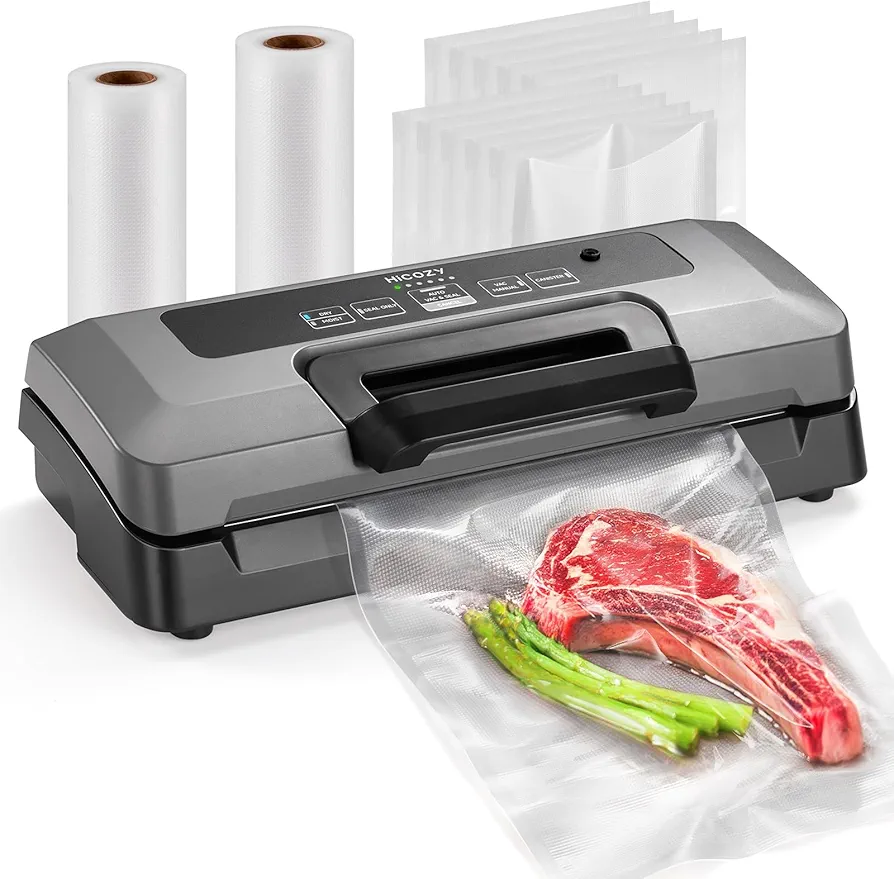 HiCOZY Vacuum Sealer, Vacuum Sealer Machine for Food, Food Sealer, 85Kpa(25.1 Hg) Full Automatic Handle Locked Design, Build-in Cutter, Compact Design With All Starter Kits, 5-Year Quality Commitment