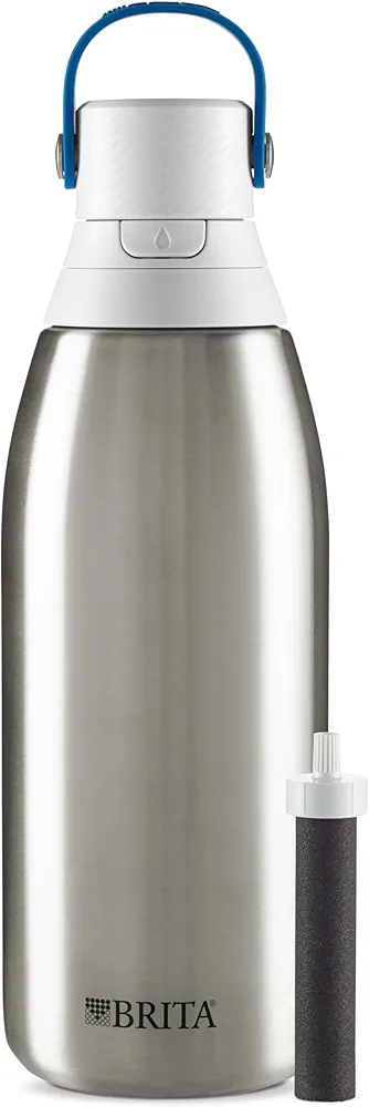 Brita Stainless Steel Premium Filtering Water Bottle, BPA-Free, Reusable, Insulated, Replaces 300 Plastic Water Bottles, Filter Lasts 2 Months or 40 Gallons, Includes 1 Filter, Stainless - 32 oz.