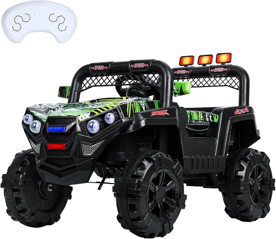 12V Kids Ride On Car with Remote Control, Mini Electric Jeep for Boys, Big Treaded Wheels, LED Lights, Rubber Handles, All-Terrain Power Wheels for Kids Aged 3-6, Electric Wiggle Car