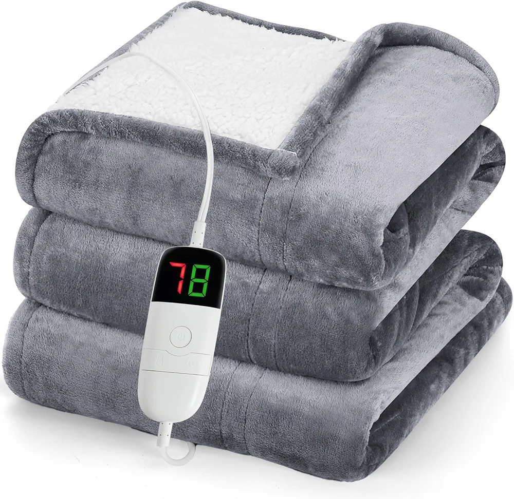 greenoak Heated Blanket Electric Throw 50"X60", Heating Blanket with 10 Heat Levels 1/2/4/6/8 Hours Auto-Off Overheat Protection, Flannel Sherpa Soft Warm Heater Blanket, ETL Certified Misty Grey