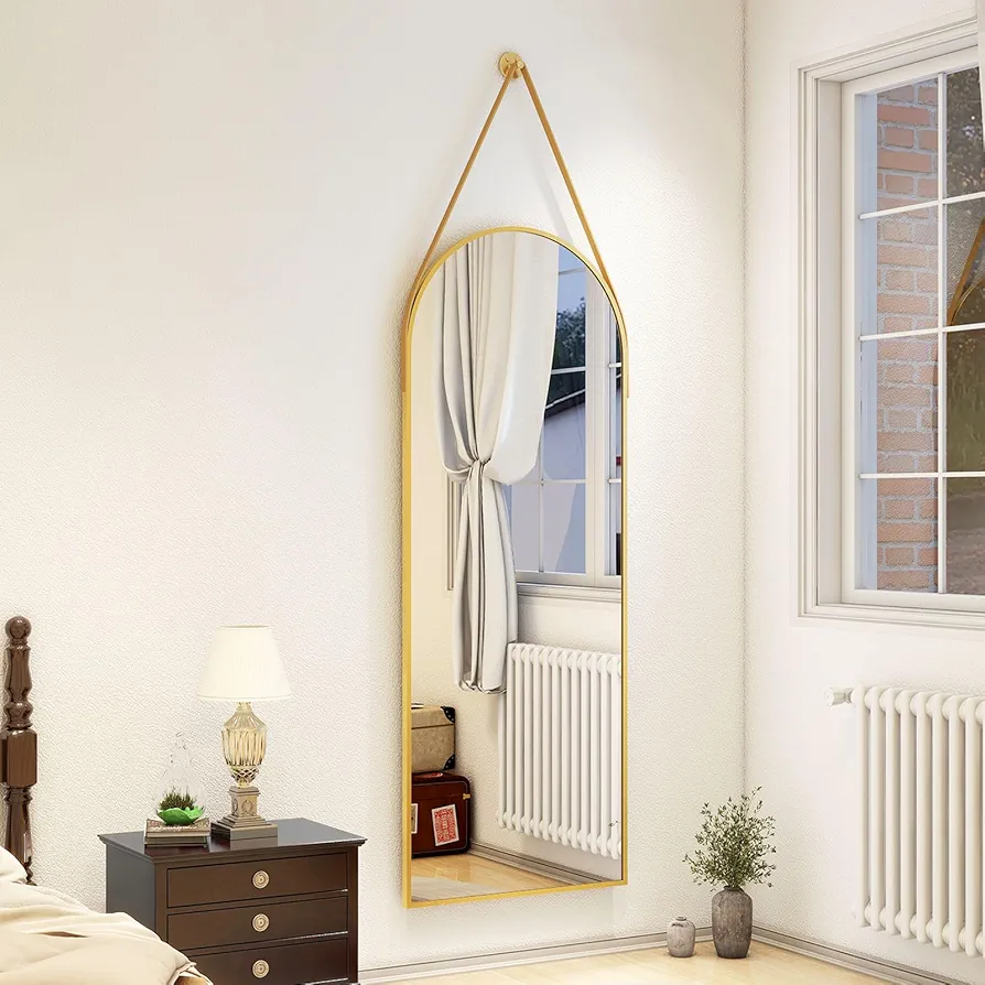 16"x48" Gold Arched Full Length Mirror with Hanging Leather Cord Modern Aluminum Frame Full Body Hanging Mirror for Bathroom Vanity Living Room Bedroom Entrance