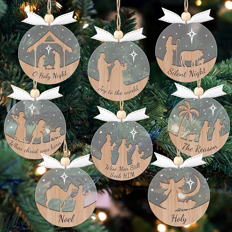 16pcs Nativity Christmas Ornaments Tree Decorations - 3D Wooden Acrylic Cut File Nativity Scene Christmas Crafts Ornaments for Kids Tree Christmas Winter Party Decorations Indoor Outdoor