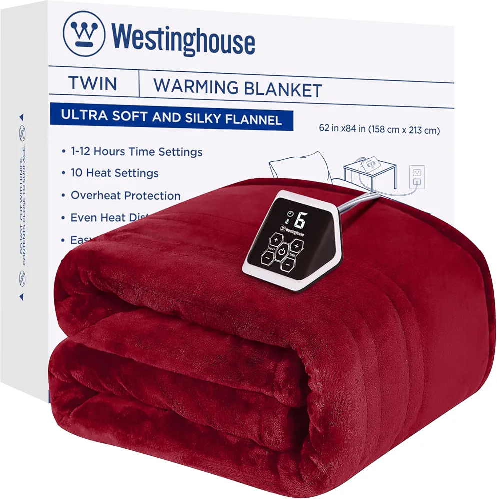 Westinghouse Heated Blanket Twin Size, Electric Heating Blanket with 10 Heating Levels, 1-12 Hours Auto Shut Off, Fast Heating Warming Blanket, Machine Washable (Twin, 62x84 Inches, Wine Red)