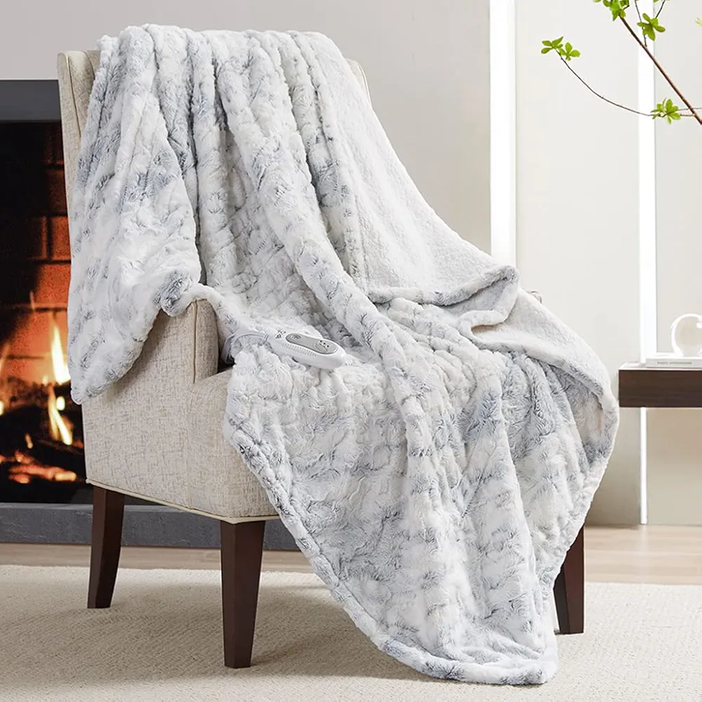 Codi Soft Faux Fur Electric Blanket, Heated Throw with Fuzzy Sherpa Back | White/Slate Marble, 60x70 | Lightweight Warming Throws for Couch | 3 Heat Setting with Auto Shut Off, 6ft Power Cord Washable