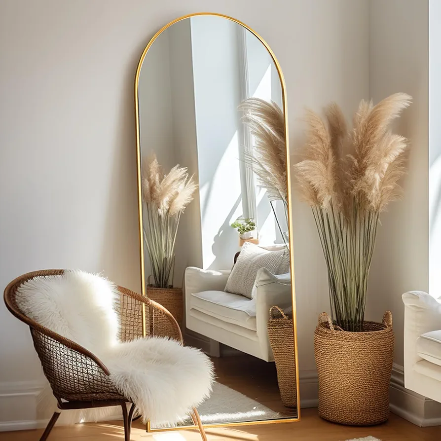 Arched Full Length Mirror, 64"x21" Free Standing Floor Mirror, Modern Full Body Mirror with Stand, Wall Mirror with Aluminum Alloy Frame for Bedroom,Living Room, Gold