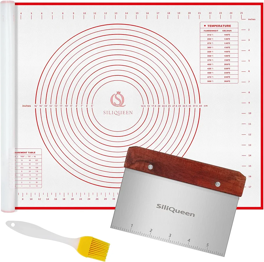 Silicone Pastry Baking Mat with Measurements Extra a Brush and a Dough Scraper- 27.5” x 20” Heat Resistant, BPA Free, Non-Stick Non-Slip Pastry Mat for Rolling Dough, Easy to Clean, Red