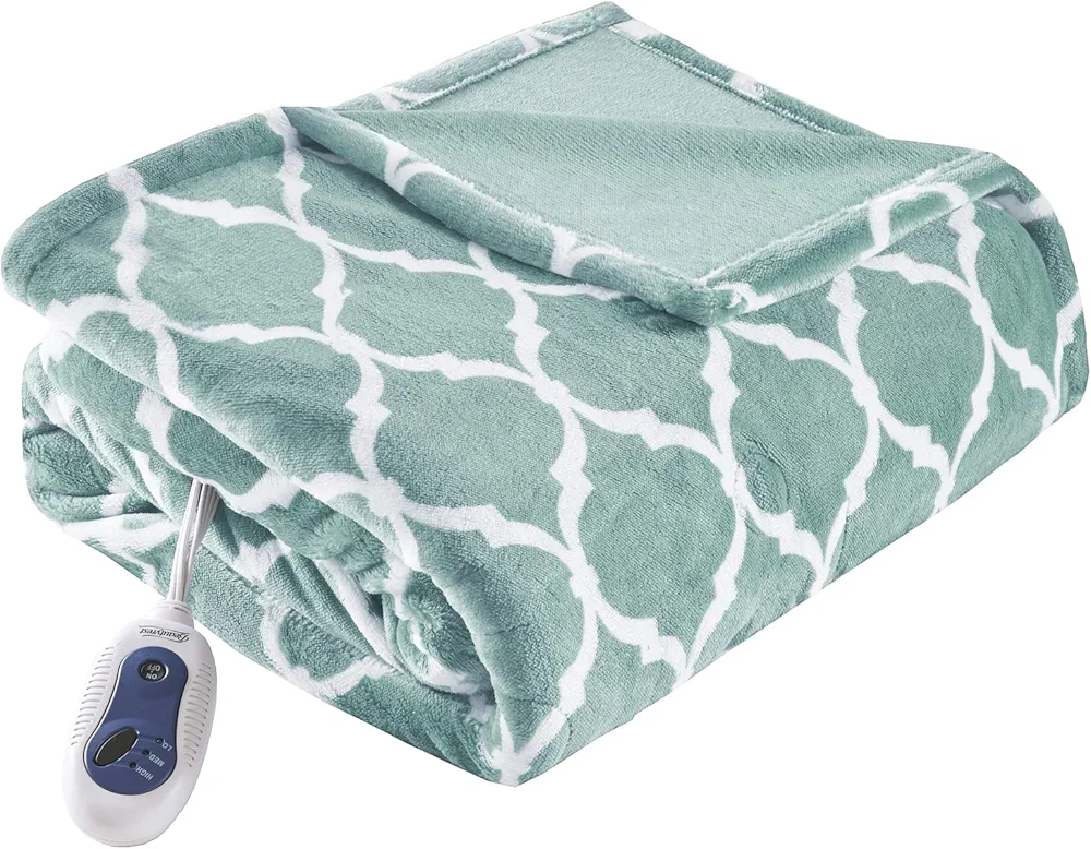 Beautyrest Ogee Printed Plush Electric Blanket for Cold Weather, Fast Heating, Auto Shut Off, Virtually Zero EMF, Multi Heat Setting, UL Certified, Machine Washable, Aqua Oversized Throw 60x70