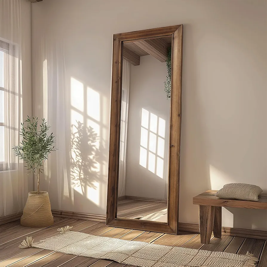 MELOMOIR Rustic Farmhouse Full Length Mirror, 64"x21" Wood Frame Floor Mirror, Free Standing Mirror Leaning Hanging Mirror, Long Mirror for Bedroom Living Room Cloakroom, Wood