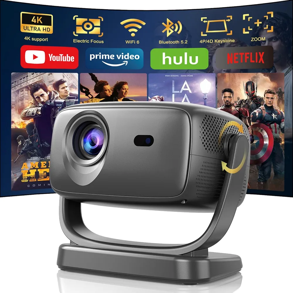 4K Smart Projector with 5G WiFi and Bluetooth 5.2, 600 ANSI Portable Projector with Built in App, 1080P Outdoor Movie Projector with 4P4D Correction, Max 220" Compatible with iPhone/Android/TV Stick