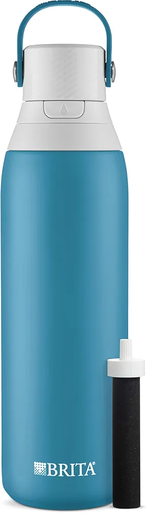 Brita Insulated Filtered Water Bottle with Straw, Reusable, Stainless Steel Metal, Blue Jay, 20 Ounce