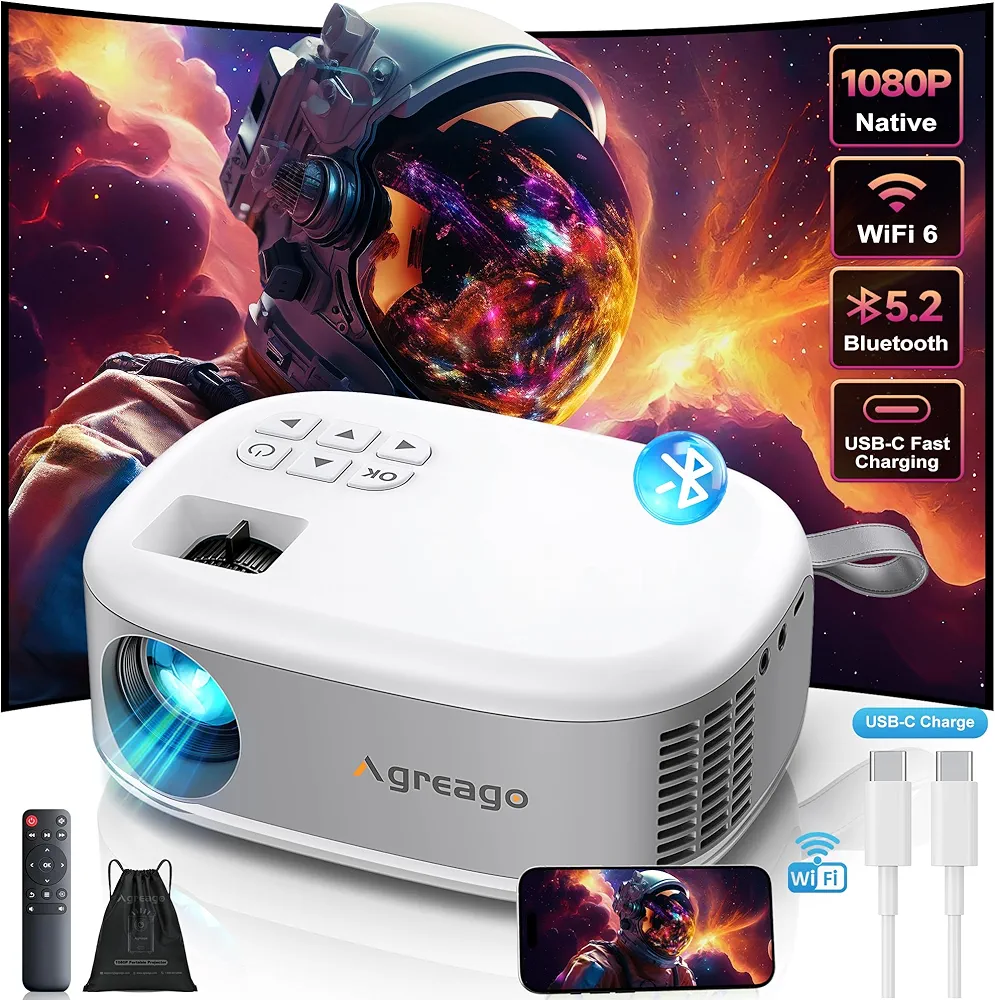 Projector with WiFi and Bluetooth, Agreago Mini Outdoor Portable Projector with USB-C Cable, Focus & ±15% Keystone, Native 1080P Projector 2 Speakers Compatible with TV Stick/Laptop/HDMI