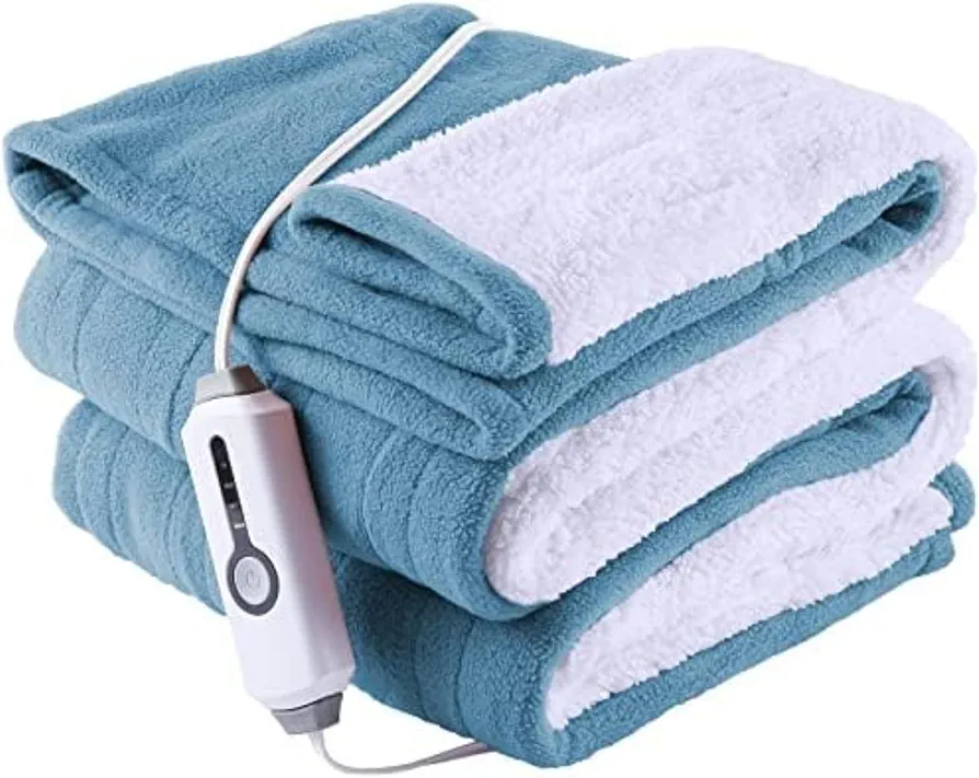 YAKEE Electric Heated Throw 50"x60" Comfortable Polar Fleece & Sherpa Soft Warming Heating Blanket with 4 Heating Levels & 3H Auto Shut Off, Machine Washable, Blue