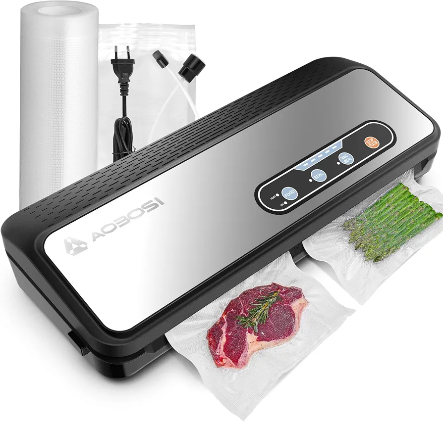 Vacuum Sealer Machine, Aobosi Powerful 90Kpa 8-IN-1 Food Vacuum Sealer for Dry/Moist Food, Built-in Cutter and Bag Storage, Bag Roll & 5 Pre-cut Bags