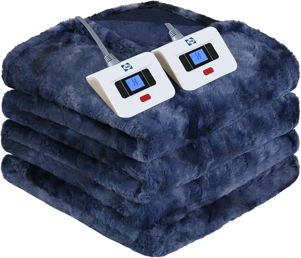 SEALY Electric Blanket Queen Size, Faux Fur & Flannel Heated Blanket with 10 Heat Setting & 1-12 Hour Auto Shut Off, Fast Heating Blanket, Machine Washable, Navy Blue, 84 x 90 Inch