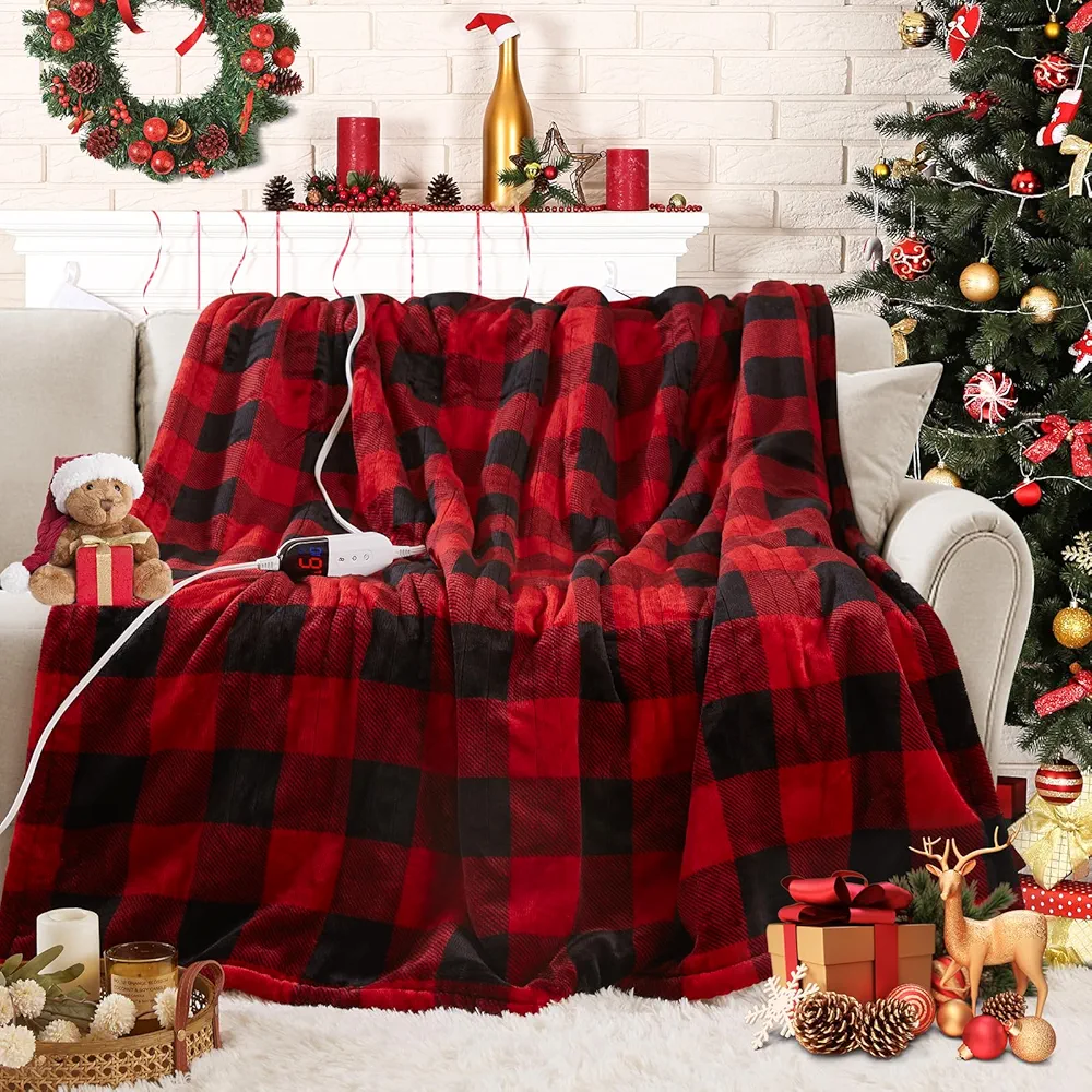 Electric Heated Sherpa Buffalo Plaid Christmas Throw Blanket with 6 Heating Levels & 4 Hours Auto Off, Fast Heating Warm Plush Washable Blanket with Over-Heat Protection, ETL Certification, Red