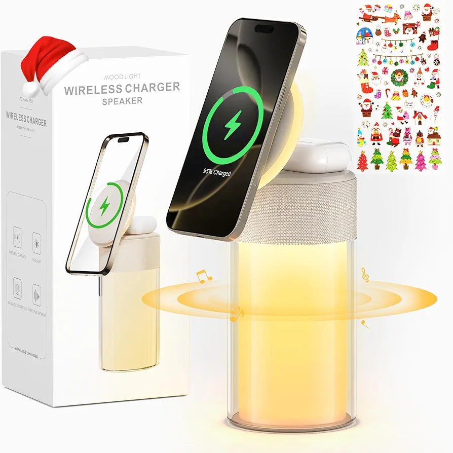 Bluetooth Speakers, Magnetic Wireless Charger, 4 in 1 Speakers Bluetooth with Night Light and Christmas Stickers for iPhone AirPods, Wireless Charging Stand Bedroom Home Office