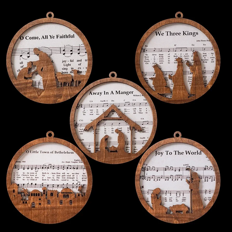 Pack of 5 Christmas Music Sheet Nativity Ornament Wooden Christian Religious Catholic Keepsake Ideas Gift for Family Friend Pastor Blessing Birth of Jesus Home Holiday Xmas Tree Décor CB-11-NEW