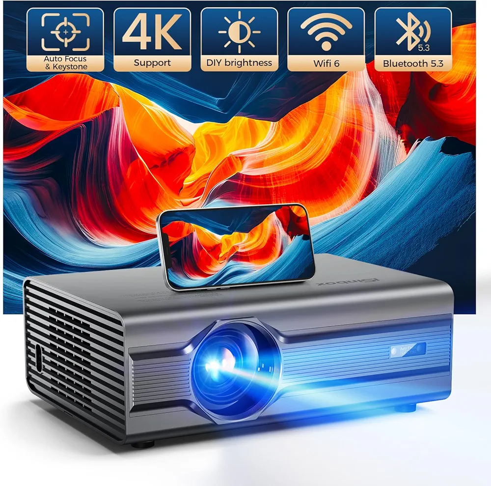 [Auto Focus/4K Support] Projector with WiFi 6 and Bluetooth 5.2, 850ANSI Native 1080P Outdoor Movie Projector, iSinbox 6D Keystone Smart Projector 50% Zoom for iOS/Android/TV Stick