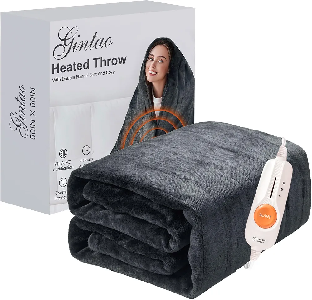 Gintao Heated Blanket Throw,Double Flannel Electric Blanket with 3 Heating Levels,ETL&FCC Certified, 4 Hours Auto Off Overheat Protection Heating Blanket for Home Office,Gifts,50"x60" (Gray)