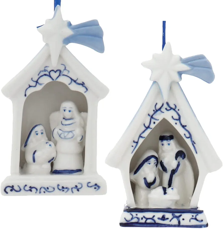 Delft Blue Porcelain Holy Family Ornaments, 2 Assorted, Christmas