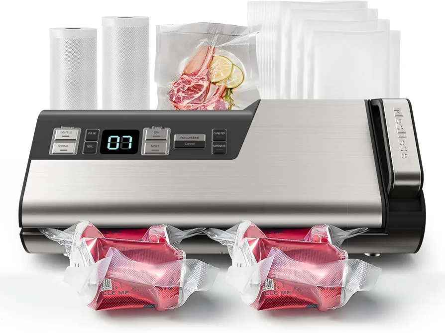 Vacuum Sealer Machine, 95kPa 140W One Hand Operation Food Sealer, Double Seal Strip with Build-in Cutter & Countdown Display, 2 Bag Rolls, 5PCS Pre-cut Bags, PULSE & Marinate Enabled