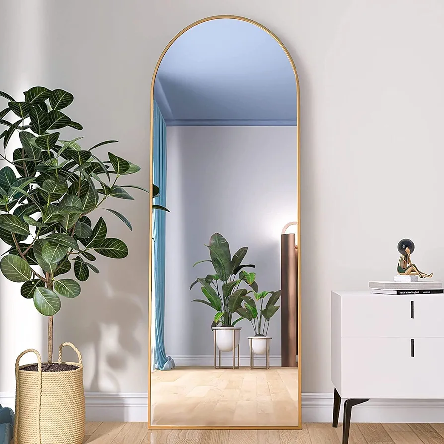 Majnesvon Arched Full Length Mirror, 65" x 24" Rounded Coner Floor Length Mirror with Gold Aluminum Alloy Frame, Full Body Mirror with Stand, Standing Hanging or Leaning Against Wall