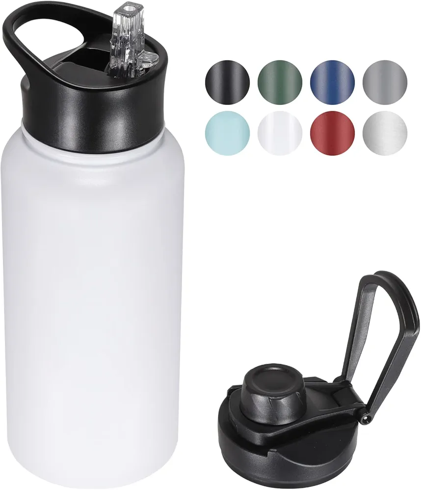 32 oz Insulated Water Bottle with Straw Lid & Wide Mouth Lids, Stainless Steel Sports Water Bottles, Double Walled Vacuum, Leak Proof, White