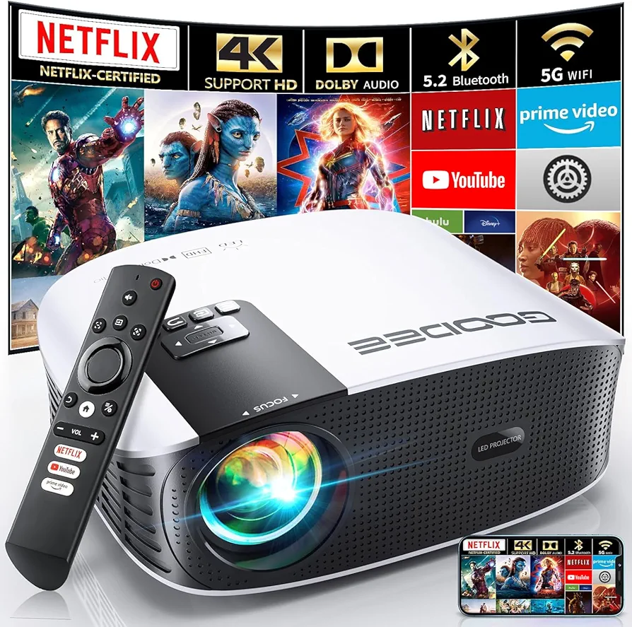 GooDee Smart 4K Projector with 5G WIFI and Bluetooth, Netflix/Amazn Prime Video Certified, Dolby Audio, 800ANSI Outdoor Projector, 400" Zoom Home Theater Projector Compatible with TV Stick,iOS,Android