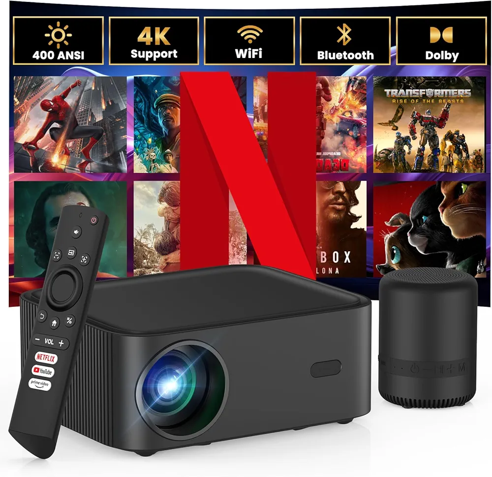 HAPPRUN Projector with Wifi and Bluetooth, Netflix-Licensed Smart Projector, 400ANSI 1080P FHD Projector with External Speaker, Video Projector for Home Theater/ Gaming/ Outdoor/ Movie Night