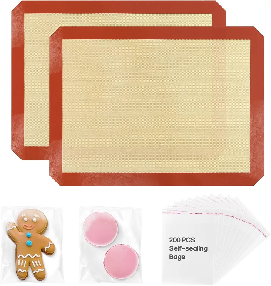 Silicone Baking Mat Set with 2 Pack Non-Stick Mats & 200 Clear Cookie Bags, 15.74" x 11.81" Reusable Oven-Safe Baking Mats for Baking Sheets, Perfect for Making Cookies, Macarons and Pastry (M)