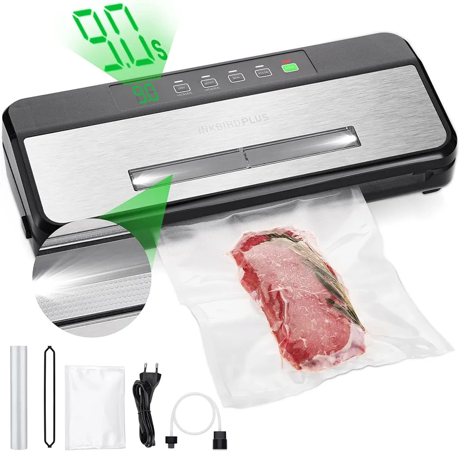 Food Vacuum Sealer Machine with Sealing Countdown and Viewing Lid, INKBIRD Compact Food Preservation System with Cutter and 20Ft Roll Storage, Dry&Moist Modes with 1 Bag Rolls & 5 Pre-cut Bags