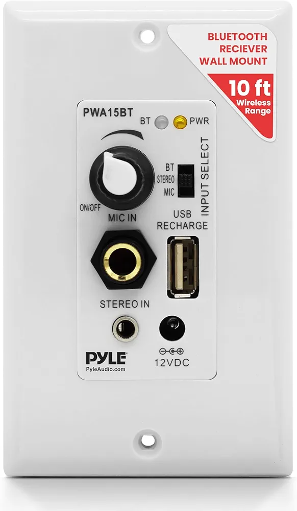 Pyle Wireless BT Receiver Wall Mount - 100W In-Wall Audio Control Receiver w/ Built-in Amplifier, USB/Microphone/Aux (3.5mm) Inputs, Speaker Terminal Block, Connect 2 Speakers, White - Pyle PWA15BT