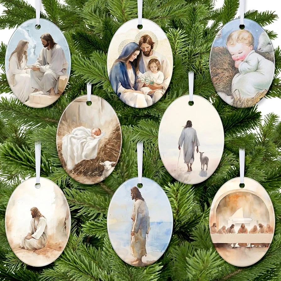 Thyle 8 Pcs Nativity Scene Christmas Ornaments Jesus Christmas Ceramic Ornaments Religious Oval Hanging Ornament for Christmas Tree Church Holy Night Gifts Home Supplies