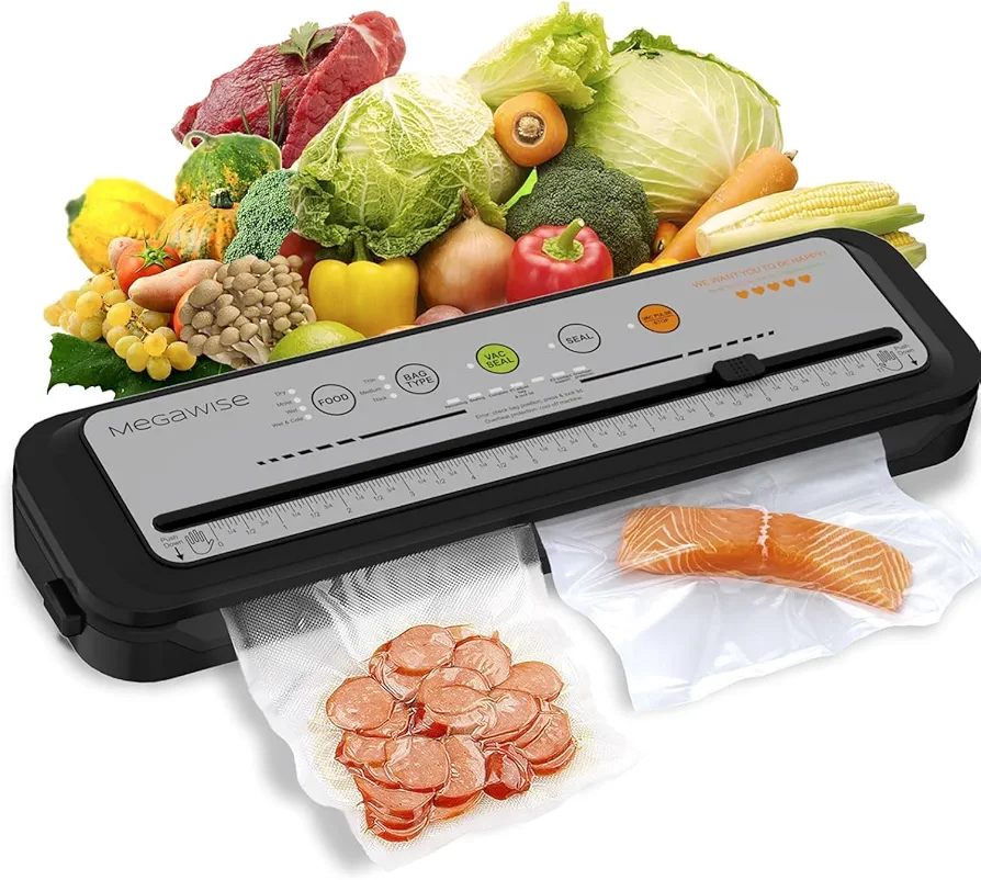 2023 Updated Vacuum Sealer Machine, MEGAWISE Food Sealer w/Starter Kit, Dry & Moist Food Modes, Compact Design with 10 Vacuum Bags & Bulit-in Cutter(Grey)