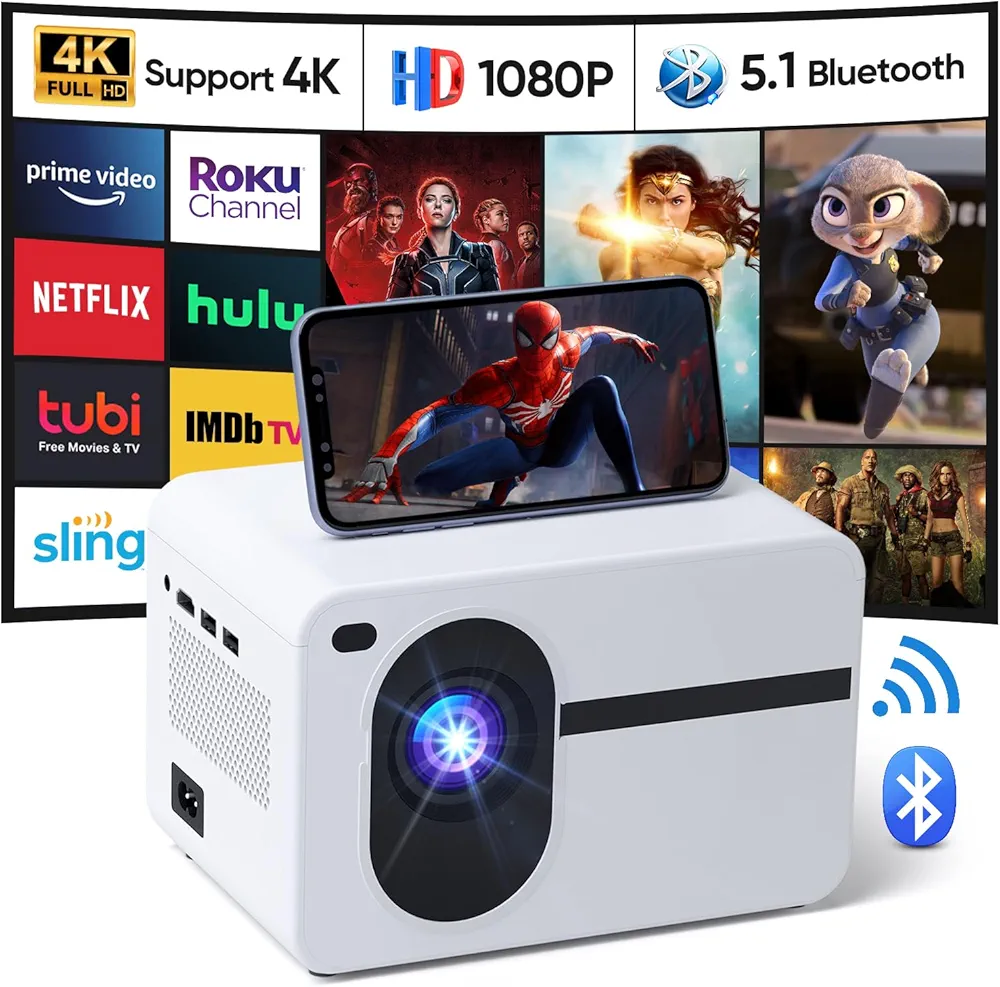 Projector with WiFi and Bluetooth, 500 ANSI Mini Projector 18000L Home Theater Video Projector, Electric Focus Portable Outdoor Projector Compatible with iOS/Android/HDMI/PC/USB/ TV Stick(white)