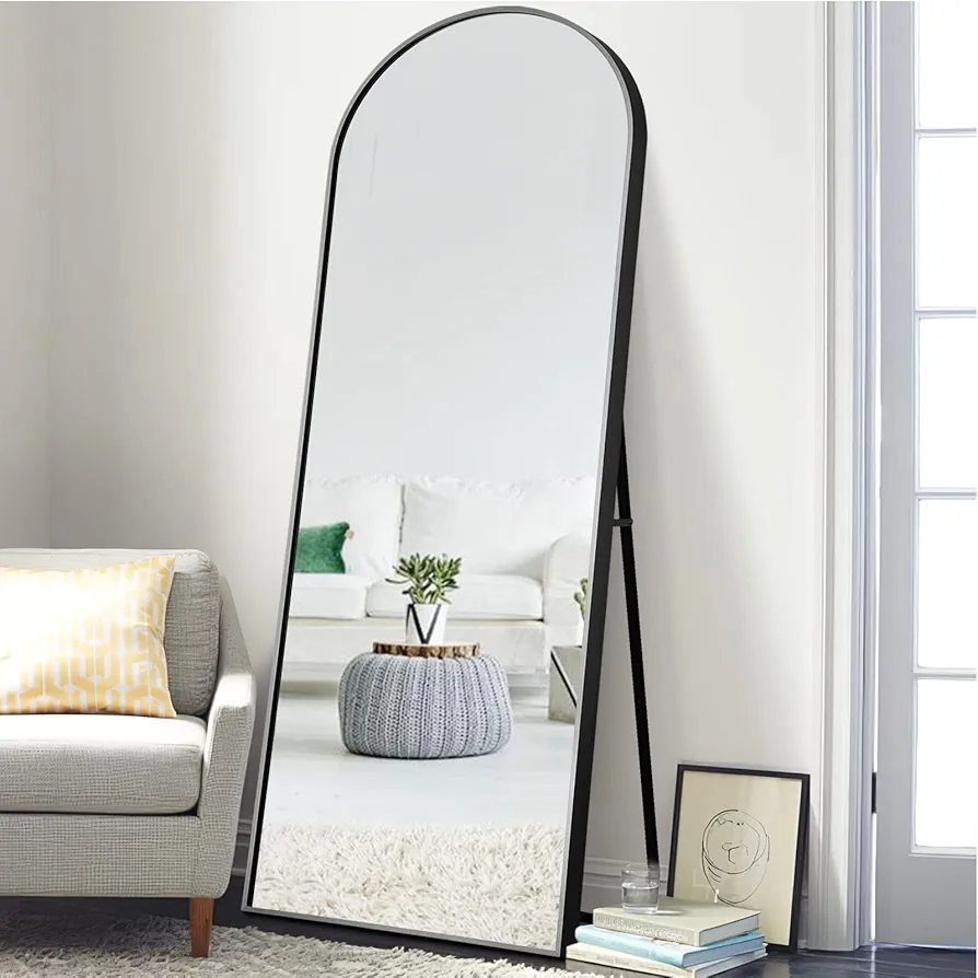 NeuType Arched Full Length Mirror, Large Arched Wall Mirror Floor Mirror with Stand, Full Body Dressing Mirrors Standing Hanging or Leaning Against Wall, Aluminum Alloy Thin Frame 65"x22", Black