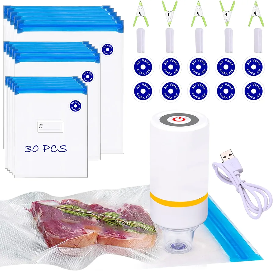 42 PCS Sous Vide Vacuum Sealer Set - 30 Reusable Bags, 5 Clips and Sealing Clips for Anova, Joule Cookers