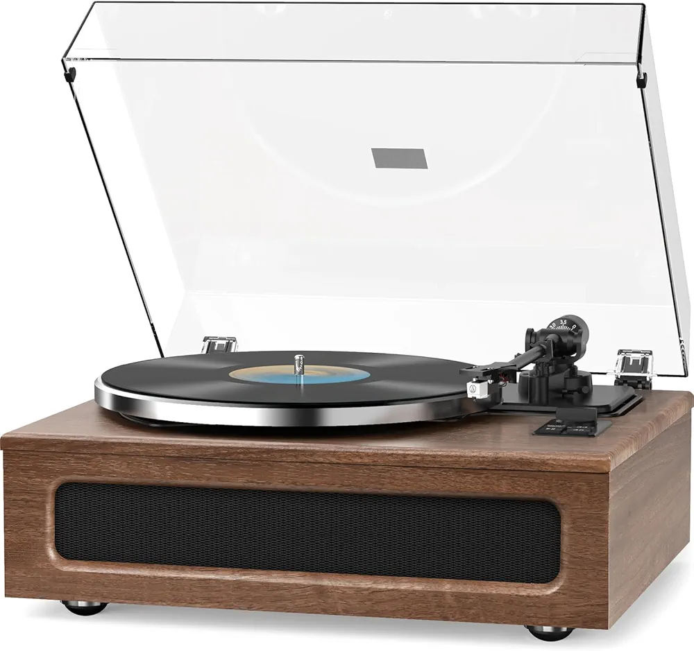 Turntable Built-in Four Speakers Vintage Vinyl Record Players HiFi Belt Drive System with Phono Preamp ATN-3600L MM Cartridge BT Wireless Aux-in RCA Line Out Auto Off Mahogany Brown Nostalgic