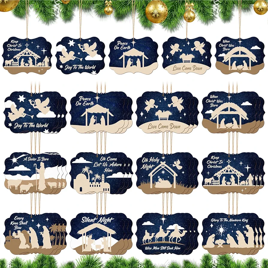 Soaoo 36 Pcs Christian Ornaments for Christmas Tree Nativity Scene Christmas Ornaments Wooden Nativity Square Jesus Christian Religious Hanging Ornaments Birth of Jesus Ornaments for Xmas Tree Advent